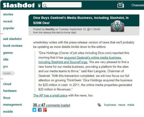 Dice Holding потратила 20 млн на проекты Slashdot.org, SourceForge и FreeCode